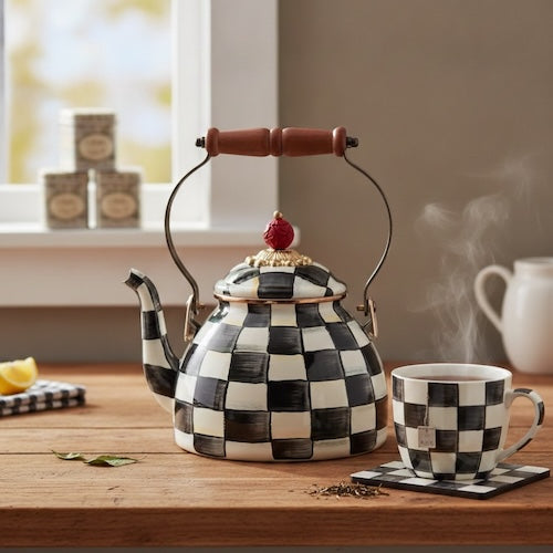 Bouilloire vintage Royale sur table avec une tasse de thé