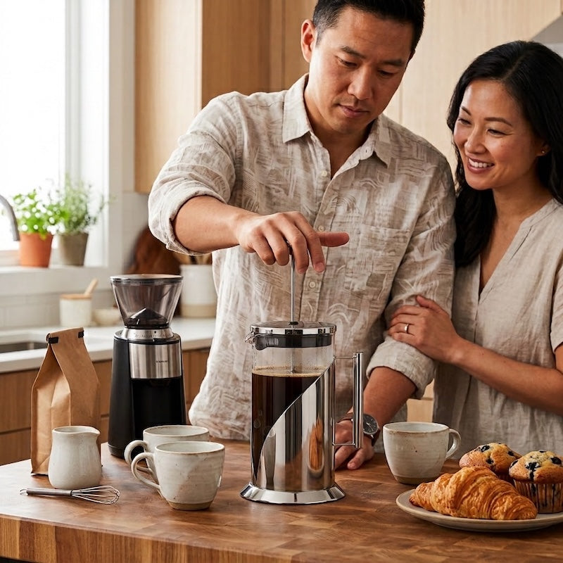 Cafetiere a poussoir Aurore un homme presse le café avec une femme à ses côté