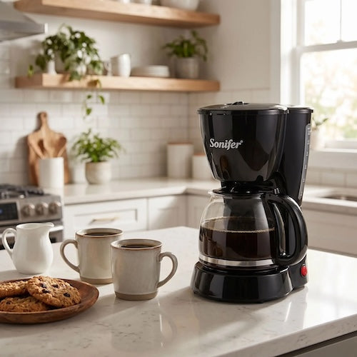 Cafetiere Origine sur le comptoir avec des tasses de café