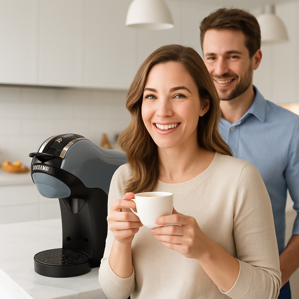 Couple devant cafetière a cafe a capsule