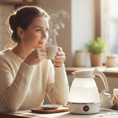 Femme boit thé bouilloire et bouilloire flexsilicone - Mon Univers Thé et Café