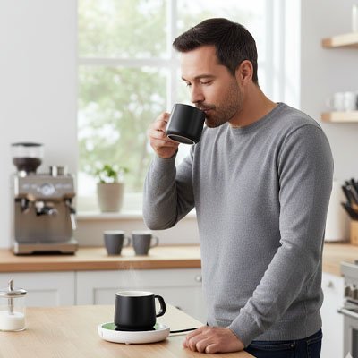 Homme boit café chauffe tasse