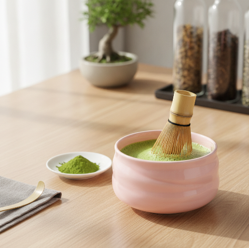 Kit a matcha Rituel Japonais fouet à matcha dans le bol à matcha rempli