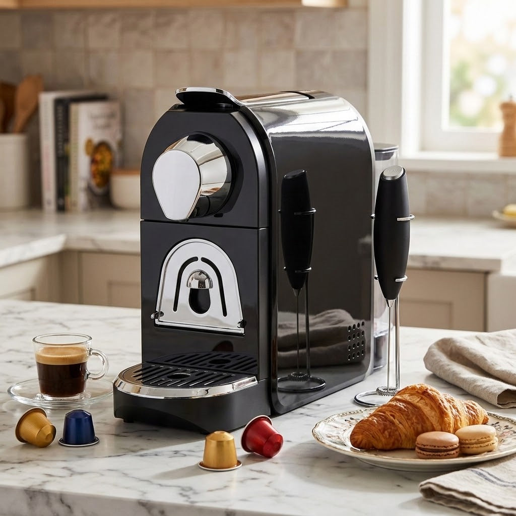 Machine à café à dosette Éclipse avec un croissant sur le comptoir