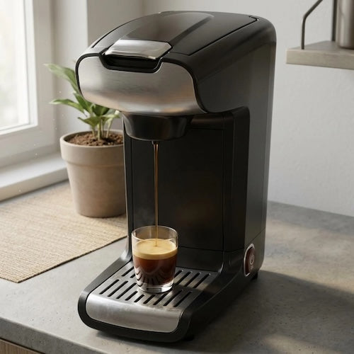 Machine aù cafe capsule Essence sur une table avec une plante