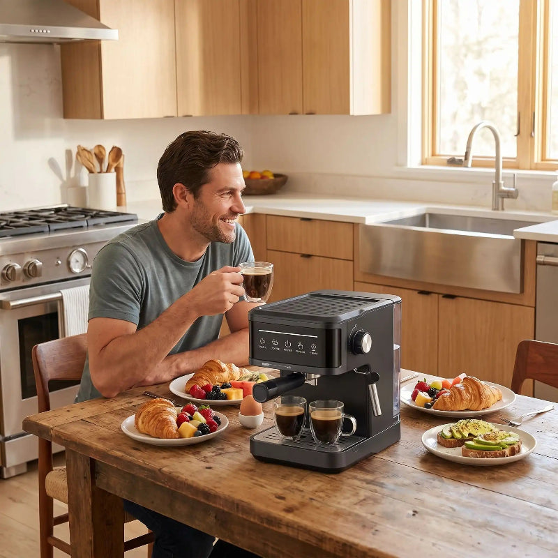 Machine a cafe expresso Barista Pro homme boit un café