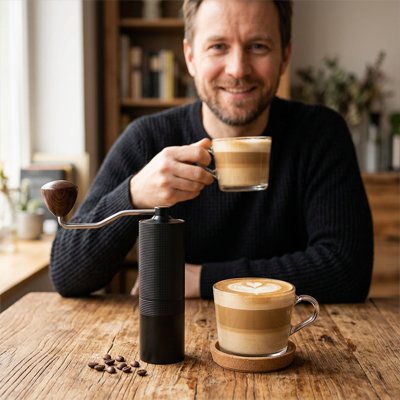 Moulin à café manuel Saveurs Parfaites homme déguste son café