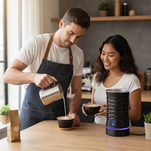 Mousseur à lait électrique Barista Perfection homme verse le lait moussé dans un café