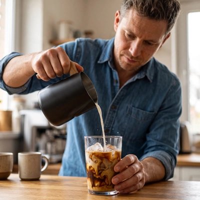 Pot à lait Nuvola lait moussé versé dans le verre de café