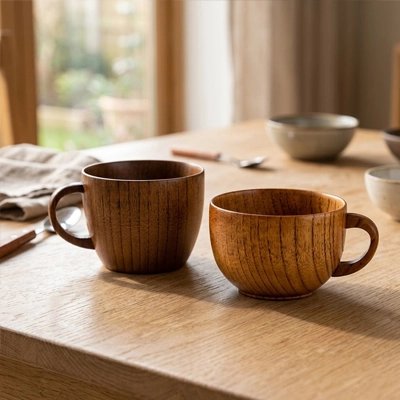 Tasse a cafe Bois Artisanal deux modèles sur une table