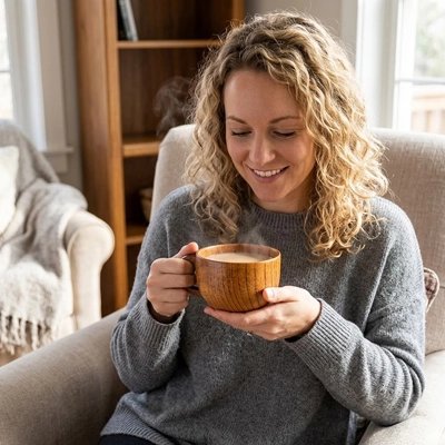 Tasse a cafe Bois Artisanal femme tient une tasse de café dans ses mains
