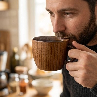 Tasse a cafe Bois Artisanal homme porte la tasse à ses lèvres