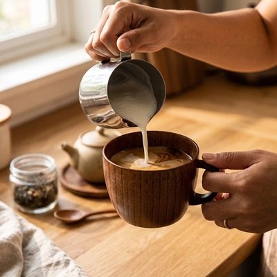 Tasse a cafe Bois Artisanal lait moussé versé dans la tasse