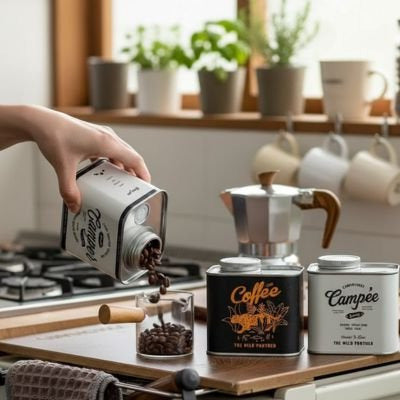 Boite a cafe Hermétique Vintage sur table avec variante