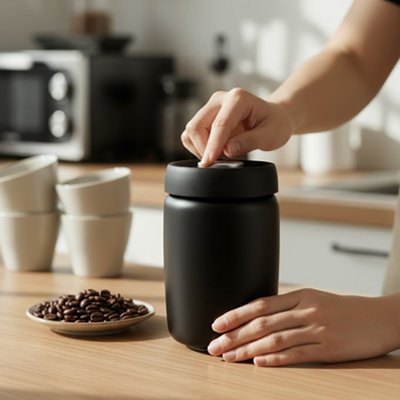 Boite à café hermétique​ Design Hermétique avec grains de café dans assiette