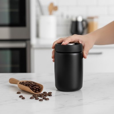 Boite à café hermétique​ Design Hermétique avec grains de café dans pelle