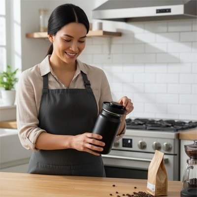 Boite à café hermétique​ Design Hermétique tenue par une femme