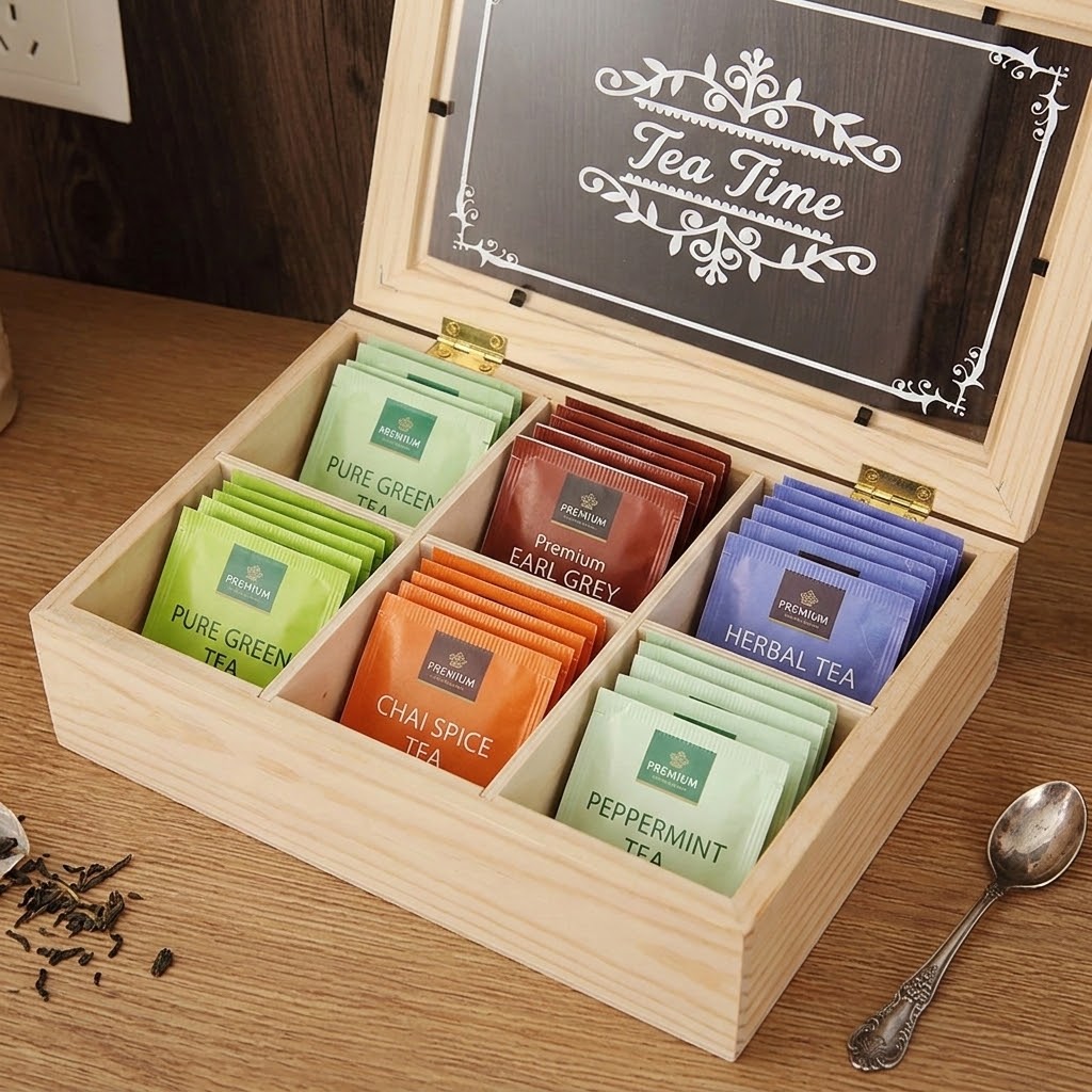 Boite a the bois 6 compartiments rempluis de sachets de thé