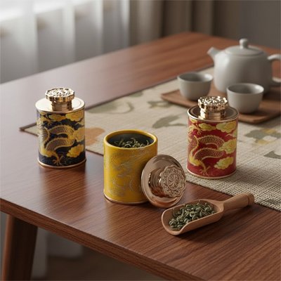 Boite a the - Élégance Orientale - sur table avec feuille de thé