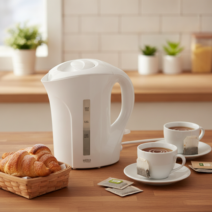 Bouilloire 1L RapidBoil sur le comptoir avec tasses de thé et croissants