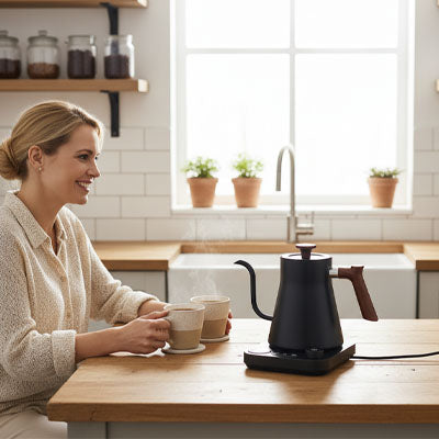 Bouilloire à température réglable Compacte femme à table avec café