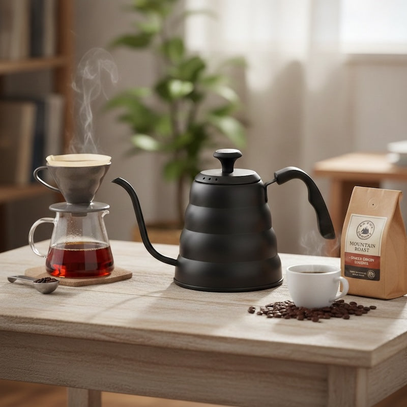 Bouilloire cafe goute-a-goute noire sur table