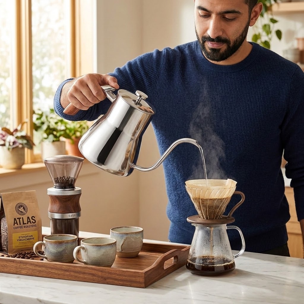 Bouilloire cafe italienne Progretto homme verse de l'eau chaude sur le café