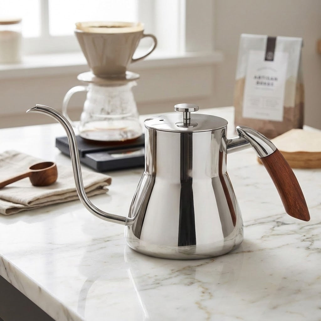 Bouilloire cafe italienne Progretto sur le comptoir avec une cafetière