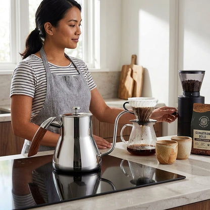 Bouilloire cafe italienne Progretto sur cuisinière avec femme et cafetière derrière