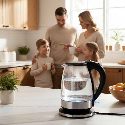 Bouilloire électrique RapidGlass sur comptoir avec famille