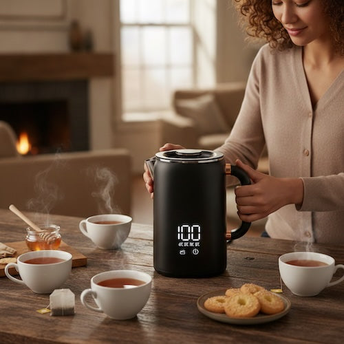 Bouilloire életrique température réglable Précision femme dépose bouilloire près de tasses