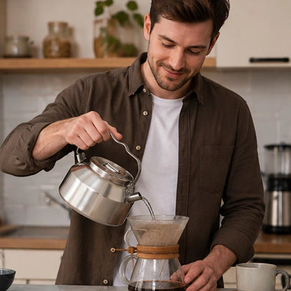 Bouilloire en inox Artisan homme verse eau sur du café