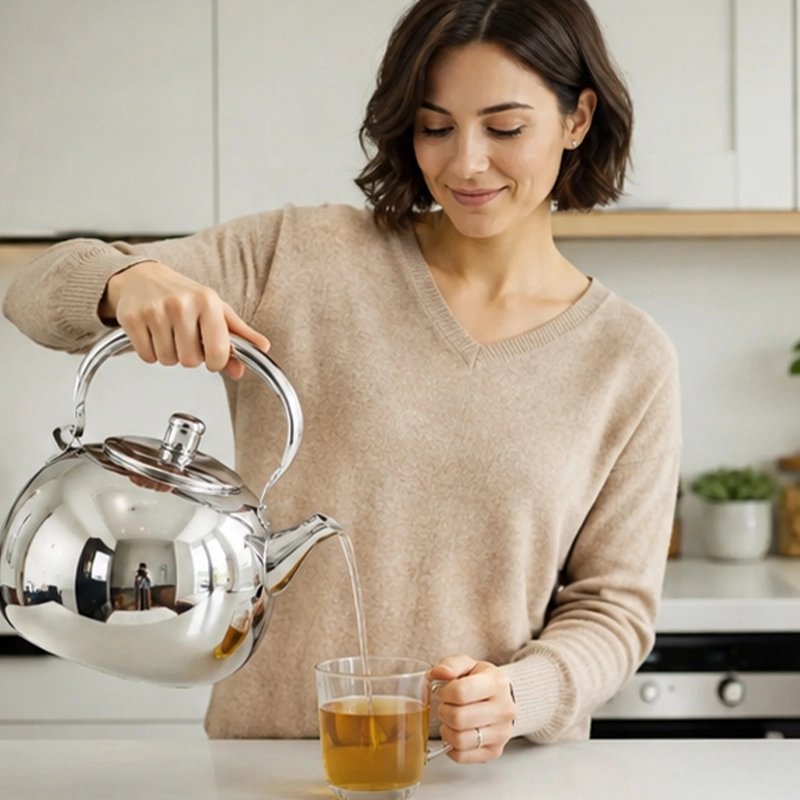 Bouilloire inox Précision femme verse eau dans une tasse de thé