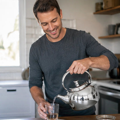 Bouilloire inox Précision homme verse eau dans une tasse de thé