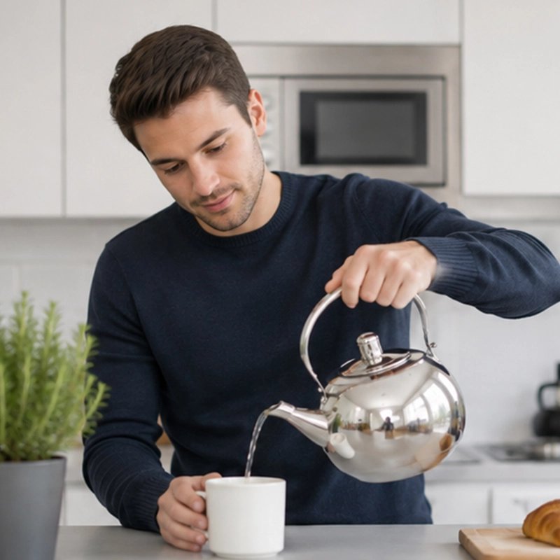 Bouilloire inox Précision homme verse eau dans une tasse