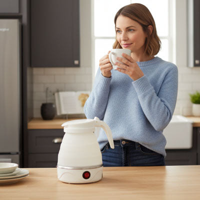 Bouilloire mini FlexSilicone femme debout boit bteuvage