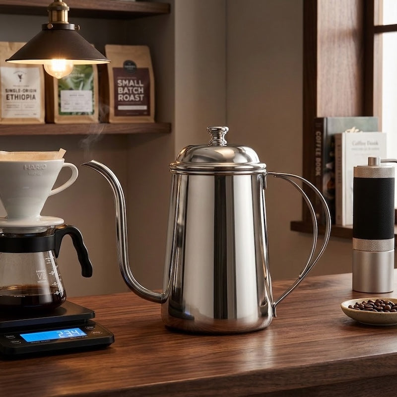 Bouilloire pour café Liberté sur le comptoir avec une cafetière et un moulin à café