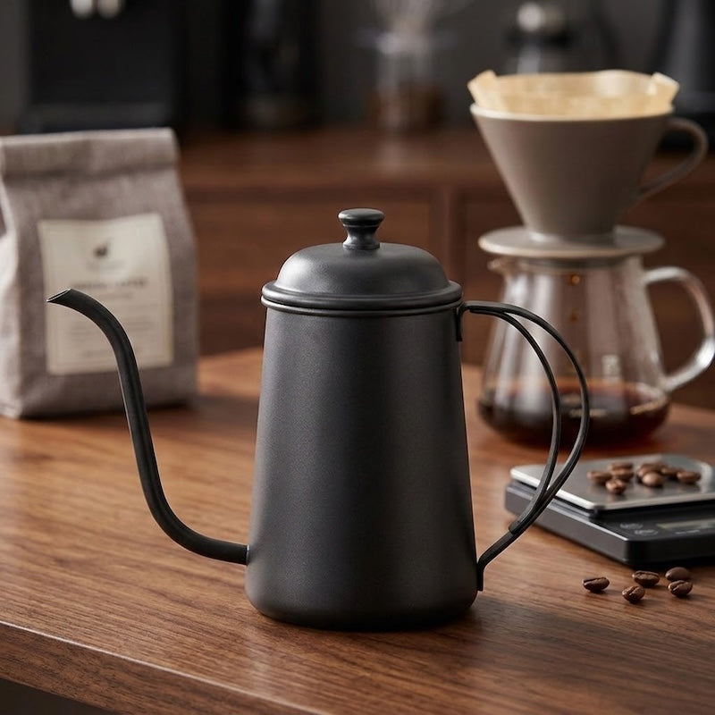 Bouilloire pour café Liberté sur un comptoir avec une cafetière