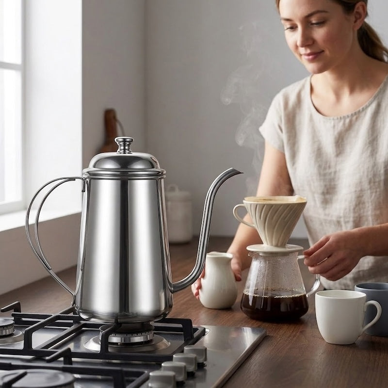 Bouilloire pour café Liberté sur cuisinière femme prépare le café