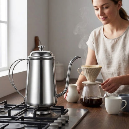 Bouilloire pour café Liberté sur cuisinière femme prépare le café