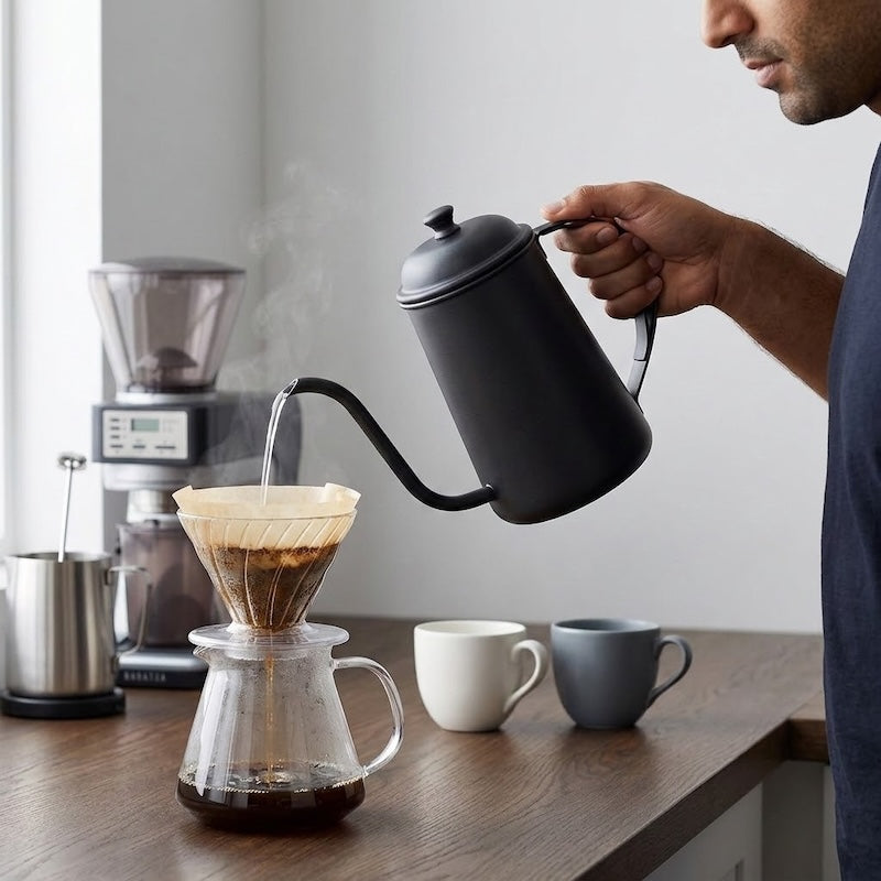 Bouilloire pour café Liberté homme verse l'eau sur le café