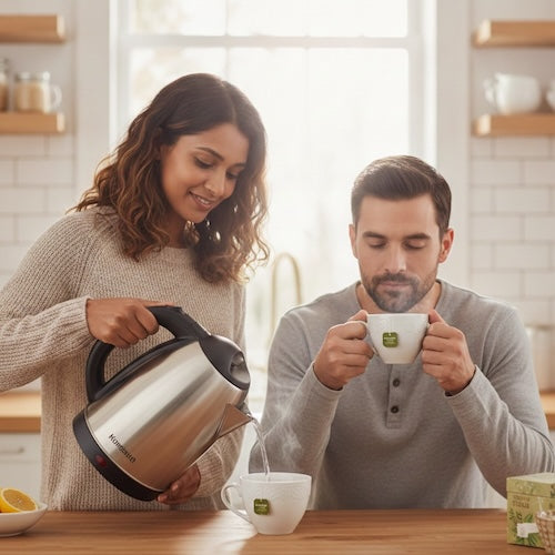 Bouilloire Rapid Inox femme verse de l'eau dans une tasse accompagnée d'un homme