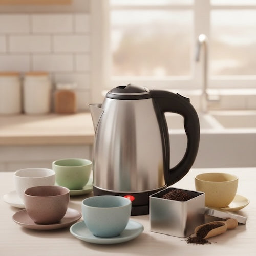 Bouilloire Rapid Inox sur une table avec plusieurs tasses