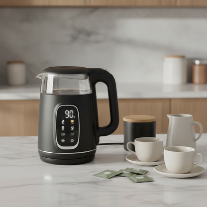 Bouilloire reglage temperature Cascade sur un comptoir avec thé et tasses