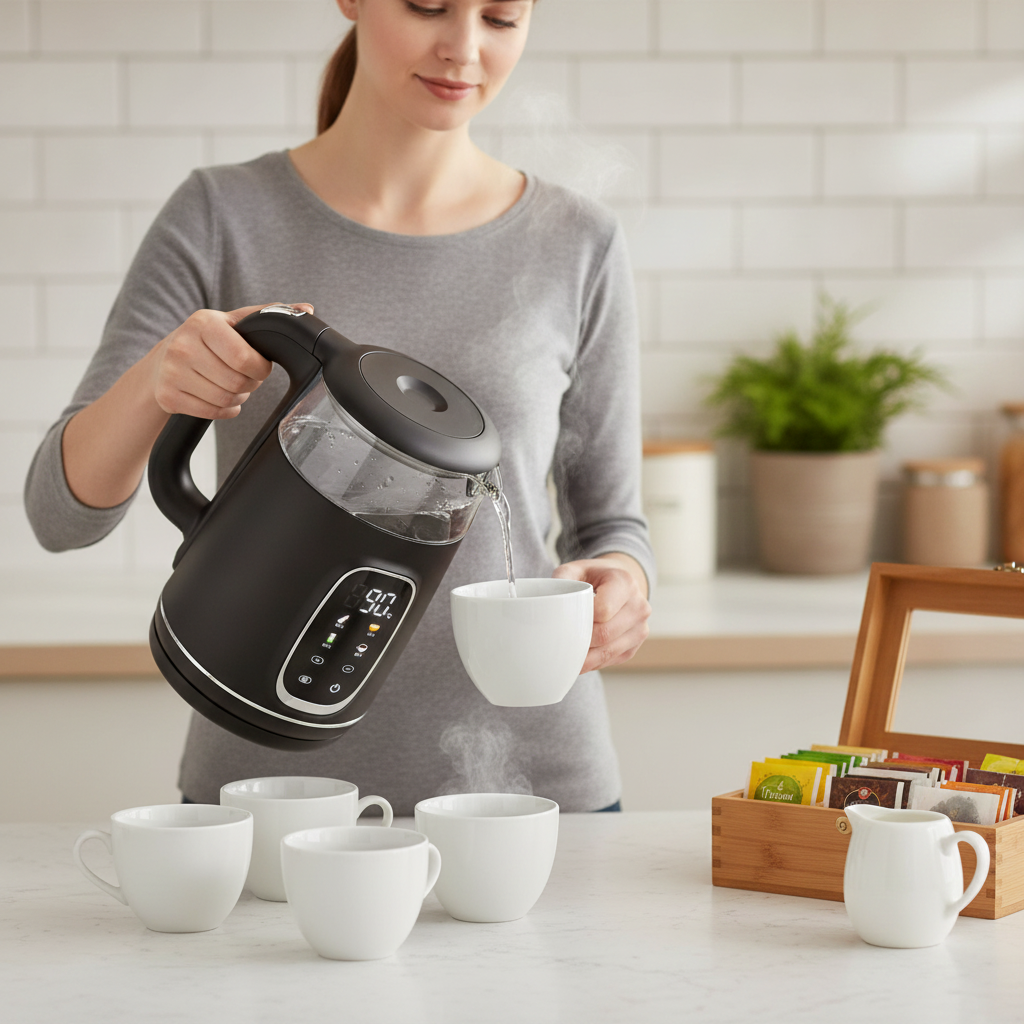 Bouilloire reglage temperature Cascade femme vrese eau chaude dans une tasse