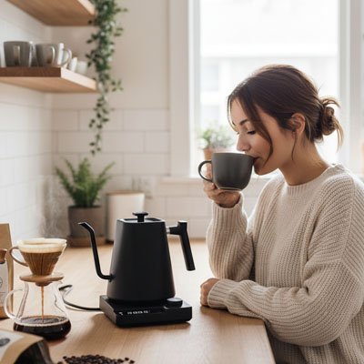 Bouilloire réglage température Compact Express femme boit un café