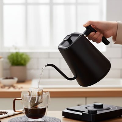 Bouilloire réglage température Compact Express verse eau dans tasse de thé