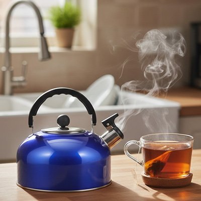 Bouilloire sifflante Design Rétro bleue sur comptoir avec thé