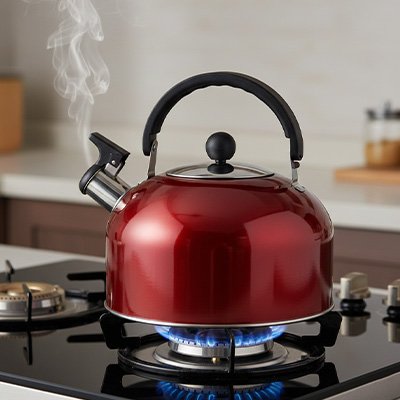 Bouilloire sifflante Design Rétro rouge sur cuisinière