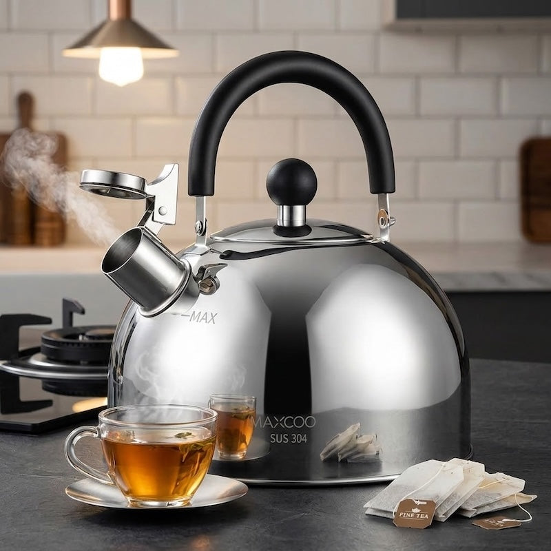 Bouilloire sifflante Design Rétro avec une tasse sur le comptoir